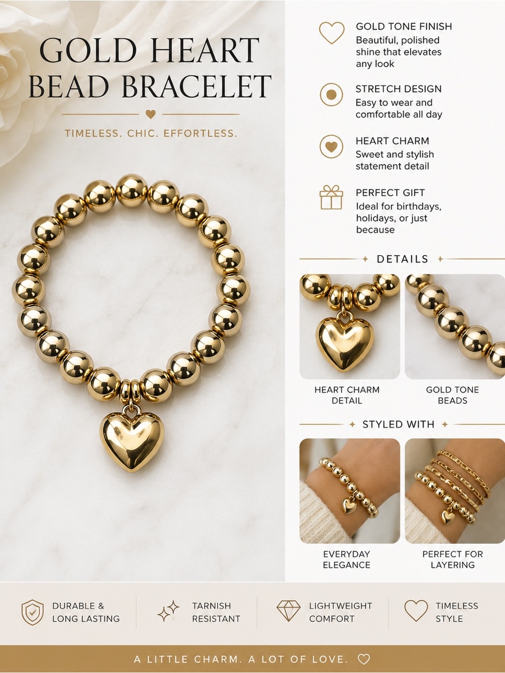 Gold Heart Bead Bracelet - Gold Tone Heart Charm